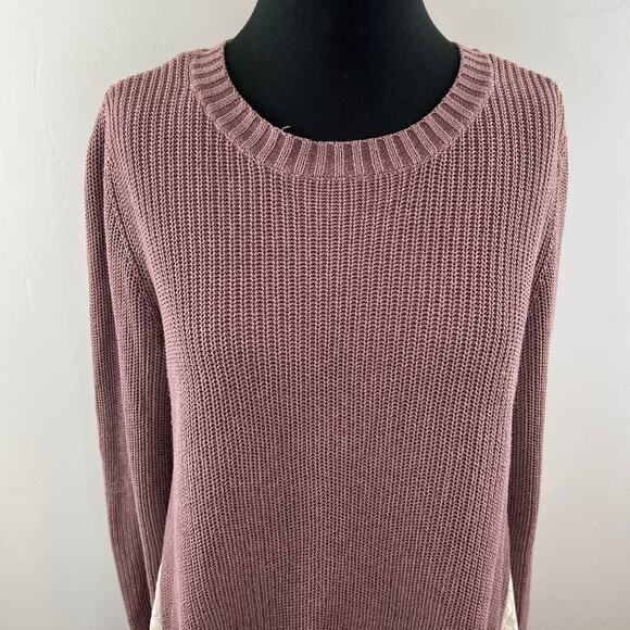 LOGO Lori Goldstein Purple Cotton Blend Asymmetric Sweater w/ Lace Godets Size M - Picture 2 of 9